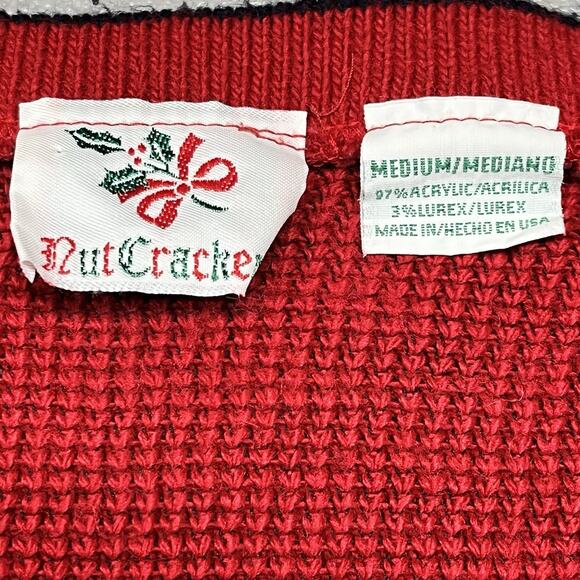 Vtg Nutcracker Ugly Christmas Sweater Cardigan Teddy Bears Hearts Bells Medium - Picture 5 of 8